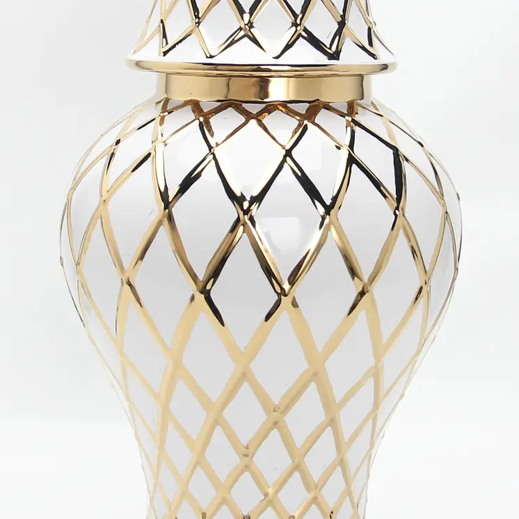 21" White and Gold Geometric Urn Ceramic Ginger Jar