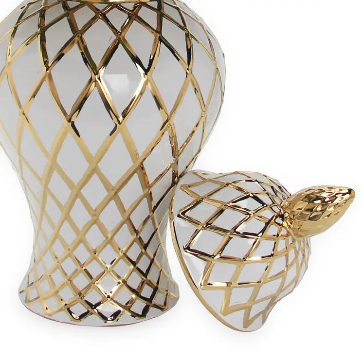 21" White and Gold Geometric Urn Ceramic Ginger Jar