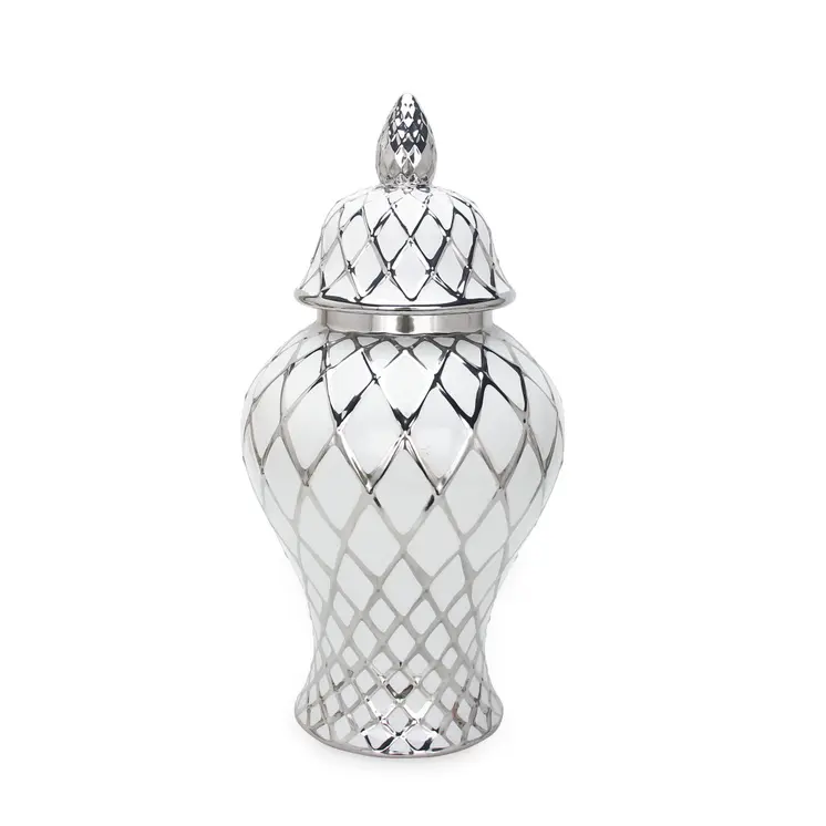 17" White and Silver Ceramic Geometric Round Ginger Jar