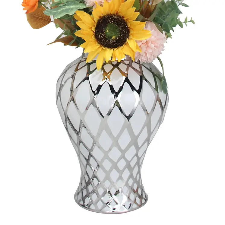 17" White and Silver Ceramic Geometric Round Ginger Jar