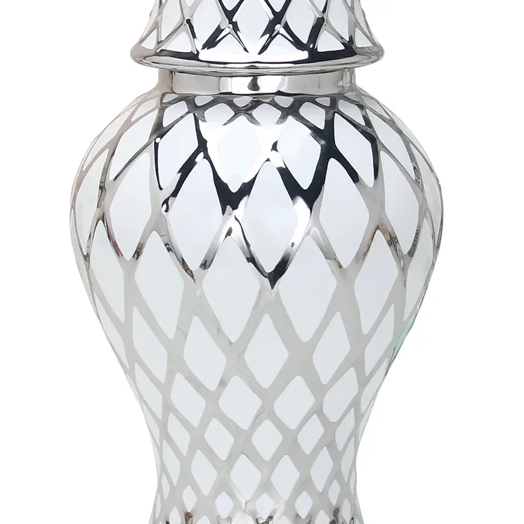 17" White and Silver Ceramic Geometric Round Ginger Jar
