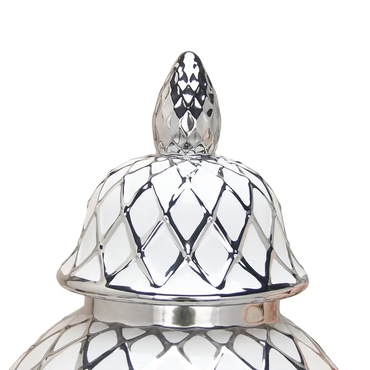 17" White and Silver Ceramic Geometric Round Ginger Jar