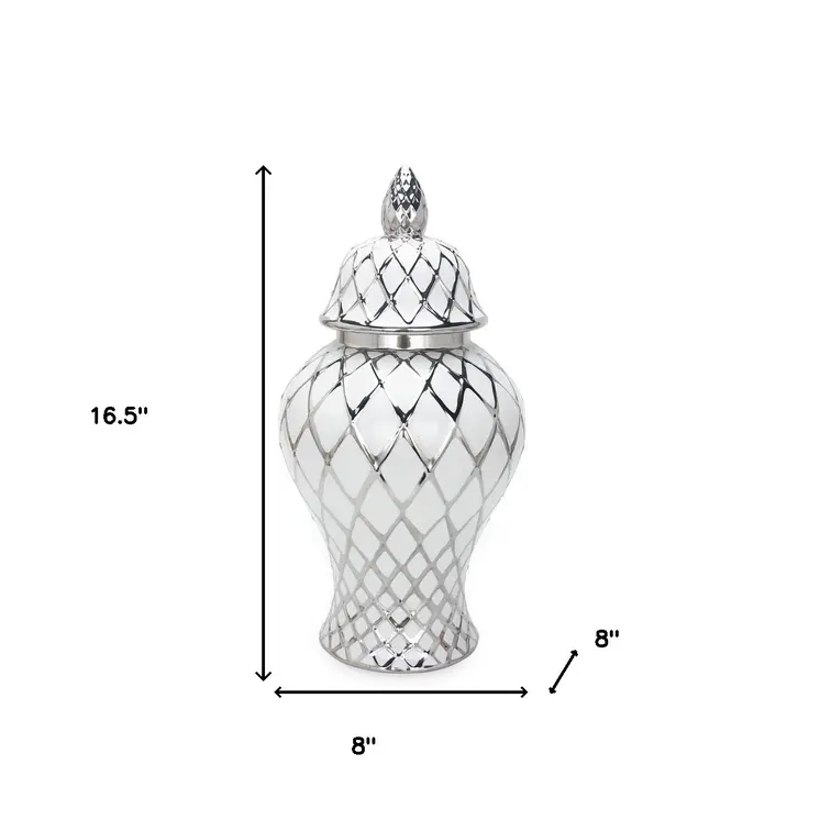 17" White and Silver Ceramic Geometric Round Ginger Jar