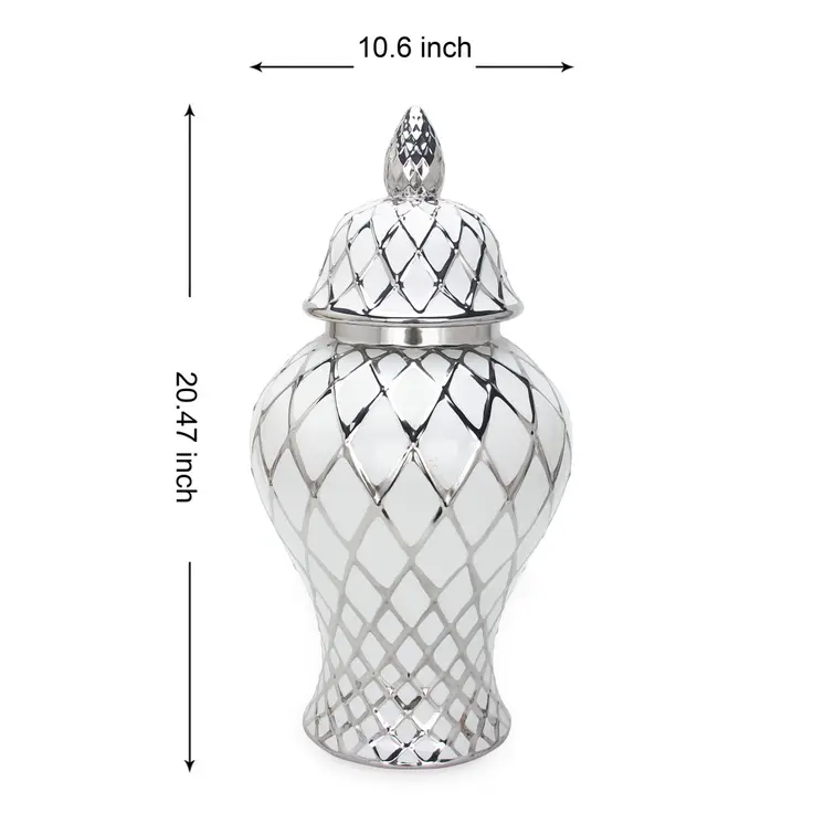 21" White and Silver Geometric Urn Ceramic Ginger Jar