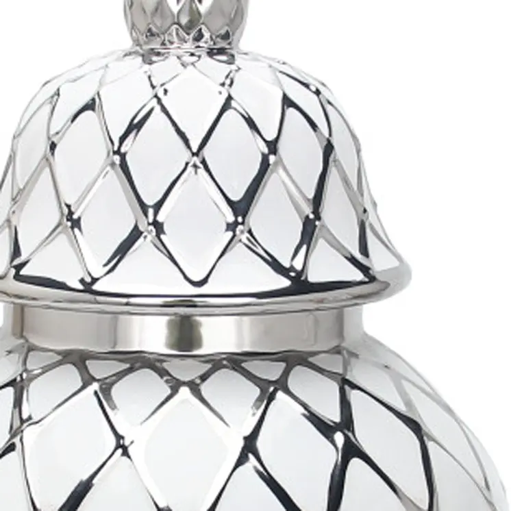 21" White and Silver Geometric Urn Ceramic Ginger Jar