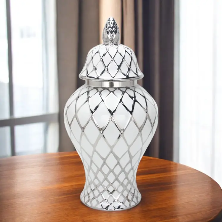 21" White and Silver Geometric Urn Ceramic Ginger Jar
