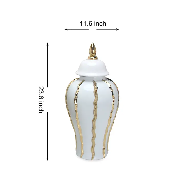 25" White and Gold Ceramic Abstract Oval Ginger Jar