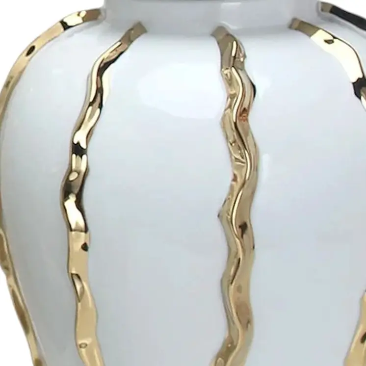 25" White and Gold Ceramic Abstract Oval Ginger Jar