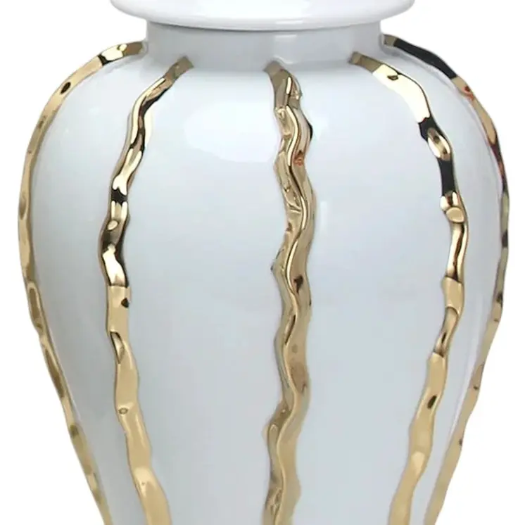 25" White and Gold Ceramic Abstract Oval Ginger Jar