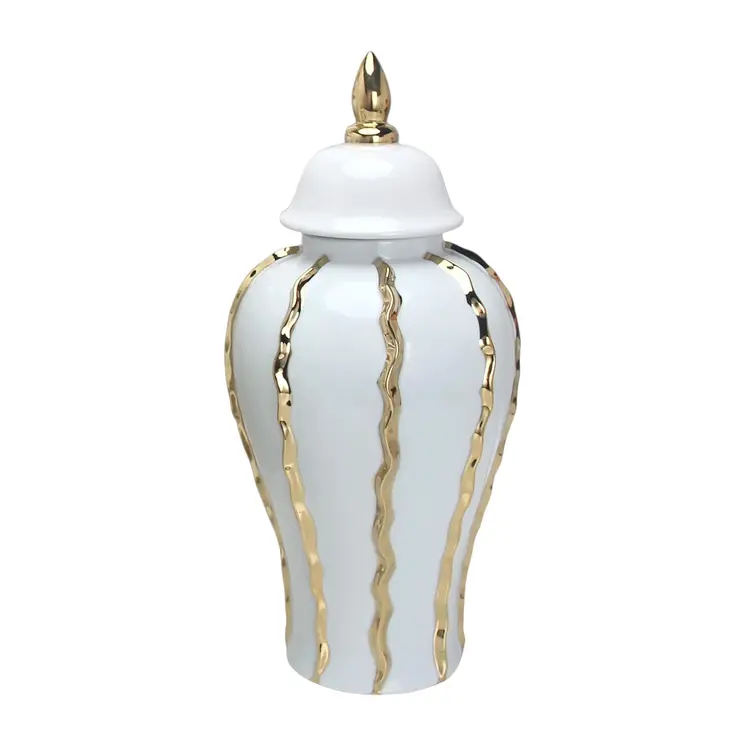 25" White and Gold Ceramic Abstract Oval Ginger Jar