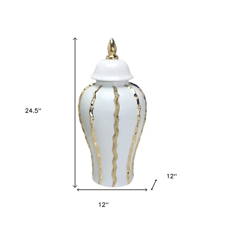 25" White and Gold Ceramic Abstract Oval Ginger Jar