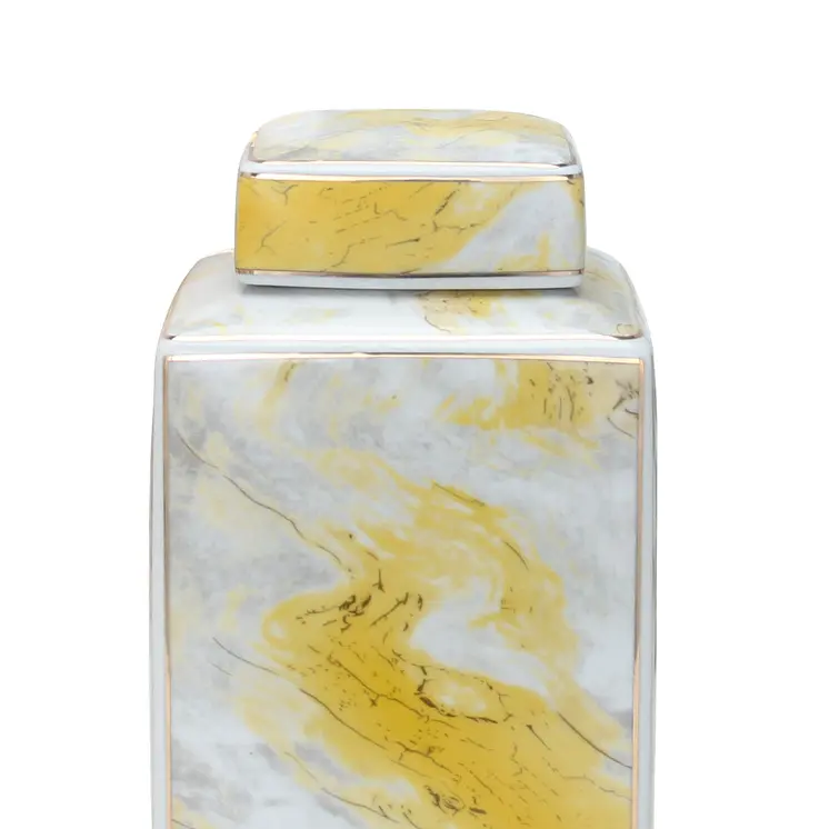 11" Gray and Gold Abstract Square Ceramic Ginger Jar