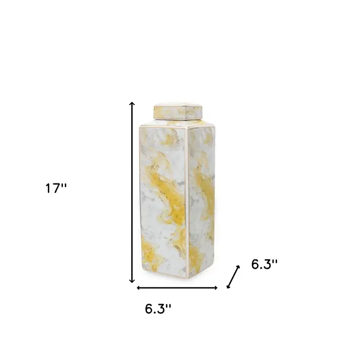 17" Gray and Gold Ceramic Abstract Square Ginger Jar