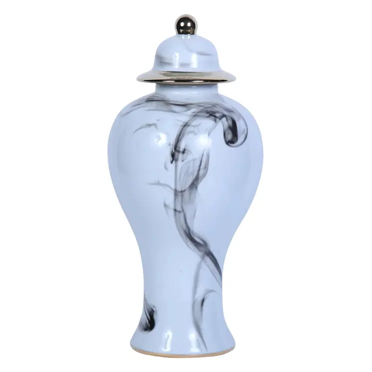 19" White and Gray Abstract Amphora Ceramic Ginger Jar