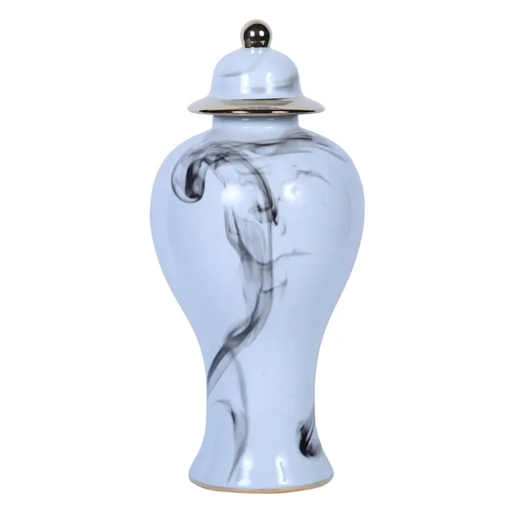 19" White and Gray Abstract Amphora Ceramic Ginger Jar