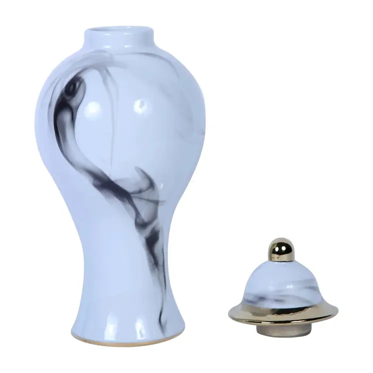 19" White and Gray Abstract Amphora Ceramic Ginger Jar