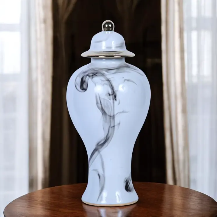 19" White and Gray Abstract Amphora Ceramic Ginger Jar