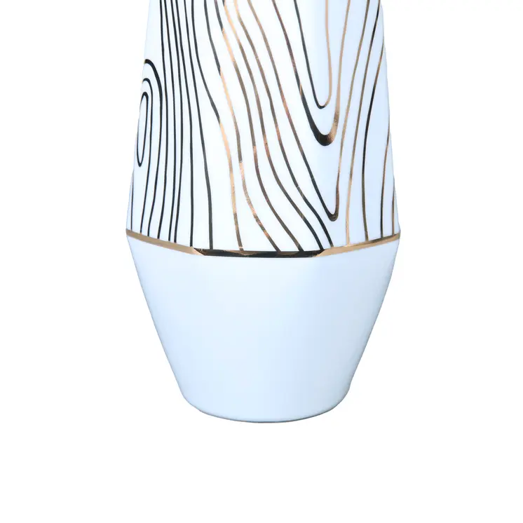 15" White and Gold Faux Bois Cylinder Ceramic Table Vase
