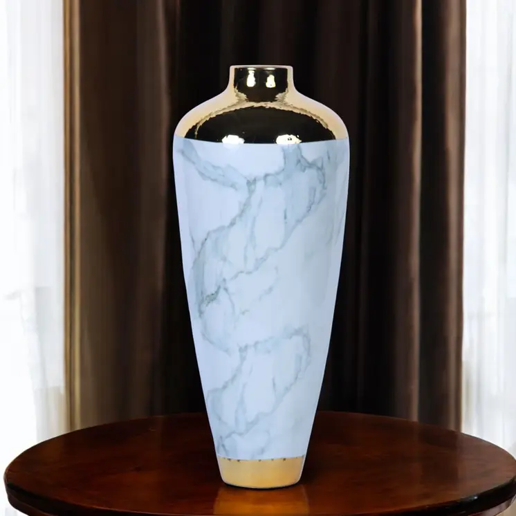 20" White Green and Gold Abstract Trumpet Ceramic Table Vase