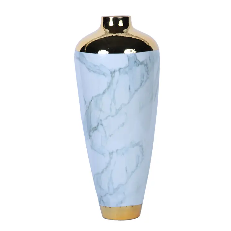 20" White Green and Gold Abstract Trumpet Ceramic Table Vase