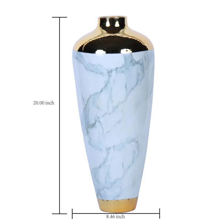 20" White Green and Gold Abstract Trumpet Ceramic Table Vase