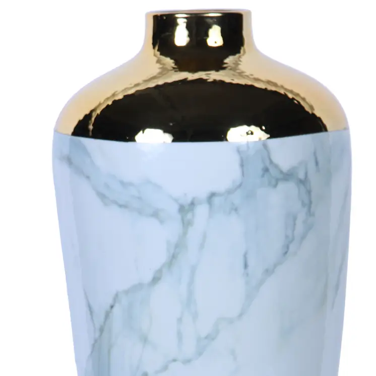 20" White Green and Gold Abstract Trumpet Ceramic Table Vase