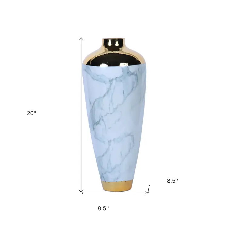 20" White Green and Gold Abstract Trumpet Ceramic Table Vase