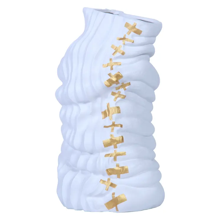 20" White and Gold Abstract Ceramic Table Vase With Sculptural Details