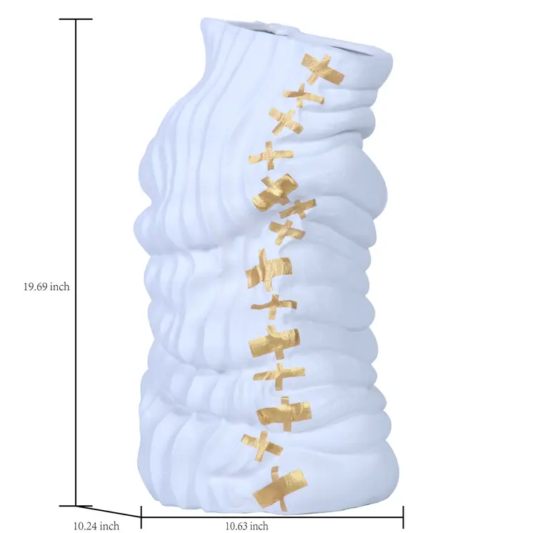 20" White and Gold Abstract Ceramic Table Vase With Sculptural Details
