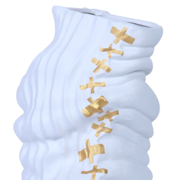20" White and Gold Abstract Ceramic Table Vase With Sculptural Details