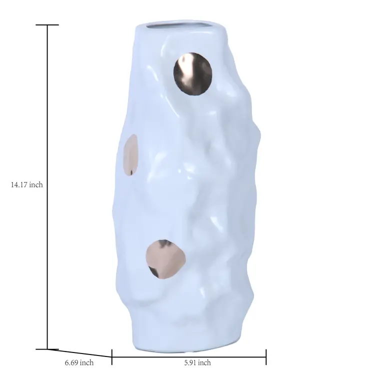 14" White and Gold Polka Dots Wavy Ceramic Table Vase