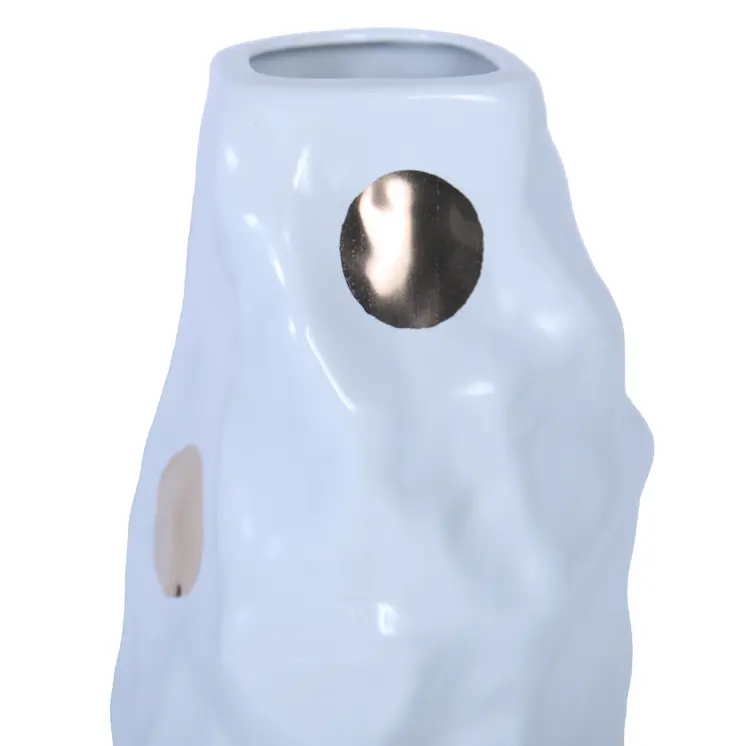 14" White and Gold Polka Dots Wavy Ceramic Table Vase