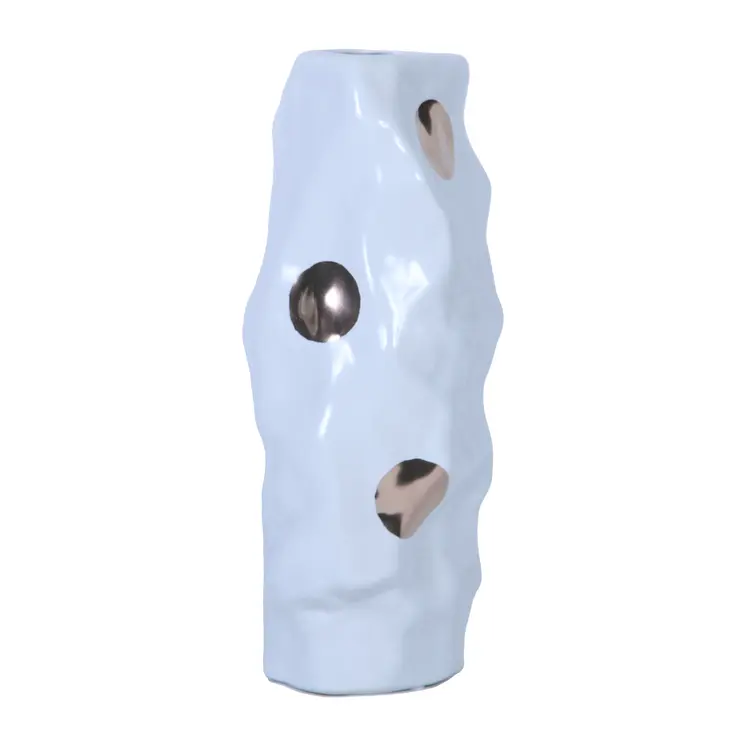 14" White and Gold Polka Dots Wavy Ceramic Table Vase