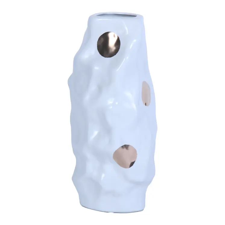 14" White and Gold Polka Dots Wavy Ceramic Table Vase