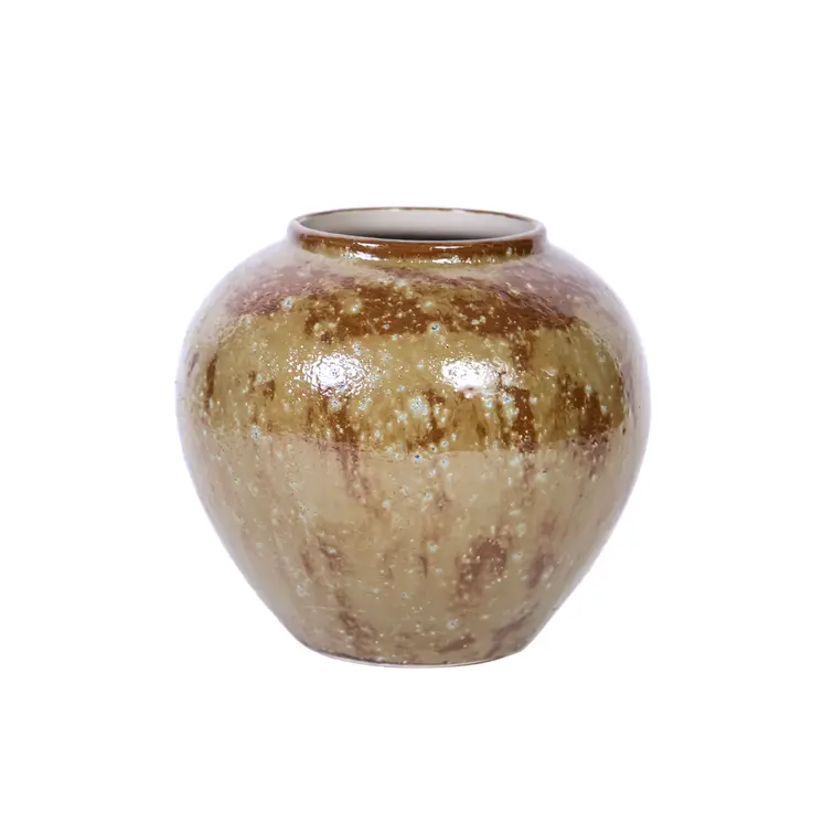 9" Beige and Brown Abstract Oval Ceramic Table Vase
