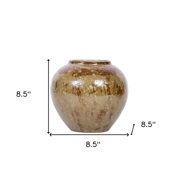 9" Beige and Brown Abstract Oval Ceramic Table Vase