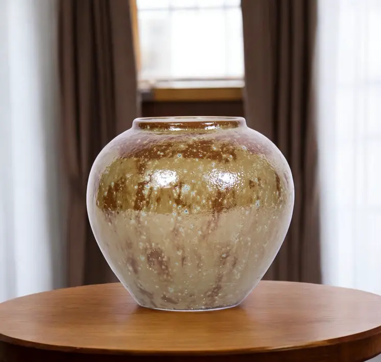 9" Beige and Brown Abstract Oval Ceramic Table Vase