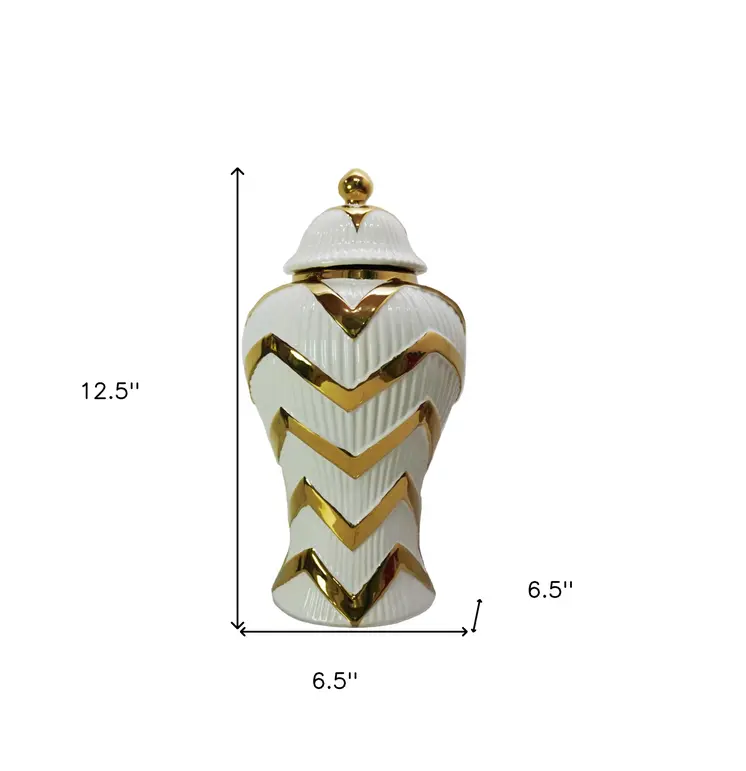 13" White and Gold Chevron Urn Ceramic Ginger Jar