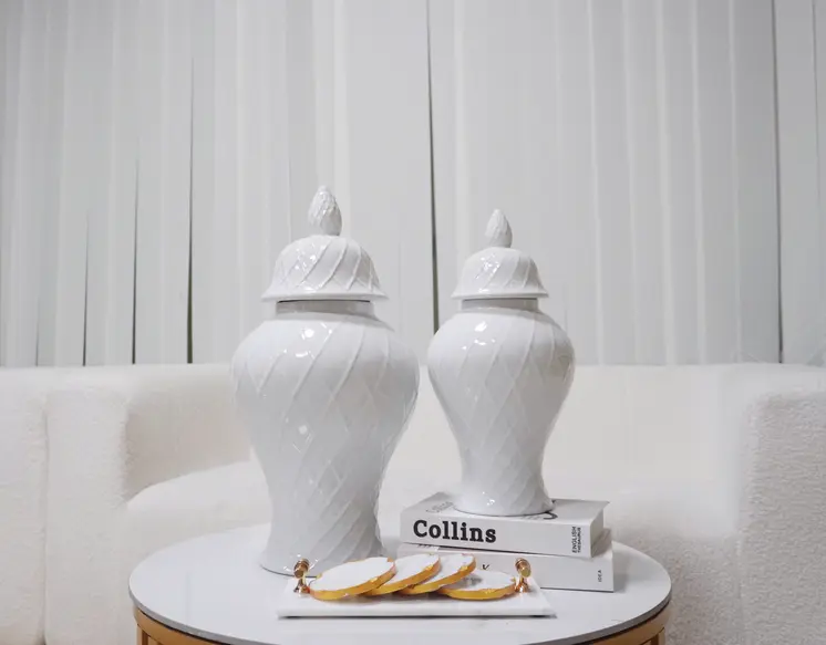 21" White Geometric Urn Ceramic Ginger Jar