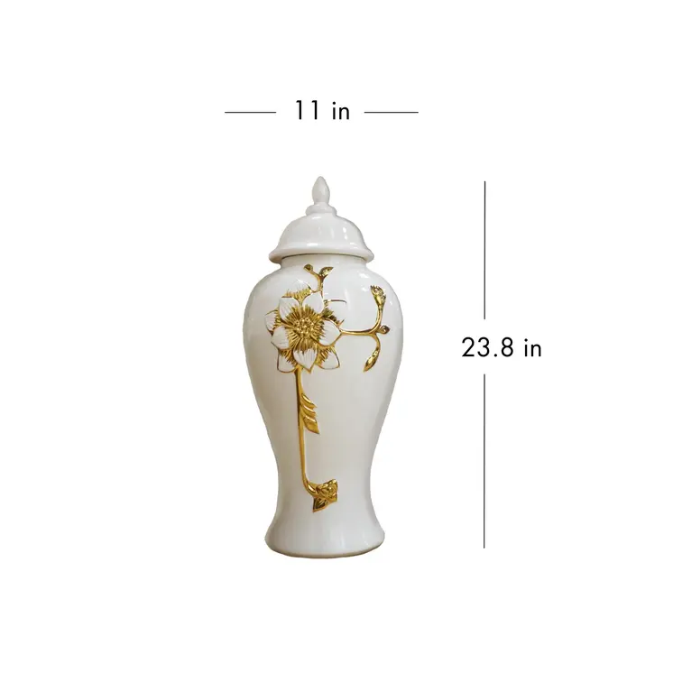 24" White and Gold Floral Urn Ceramic Ginger Jar With Sculptural Details
