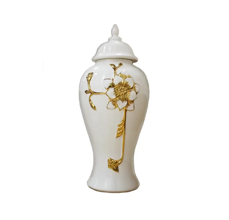 24" White and Gold Floral Urn Ceramic Ginger Jar With Sculptural Details