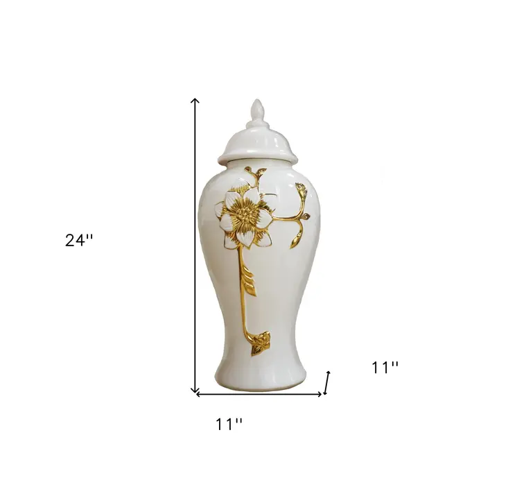 24" White and Gold Floral Urn Ceramic Ginger Jar With Sculptural Details