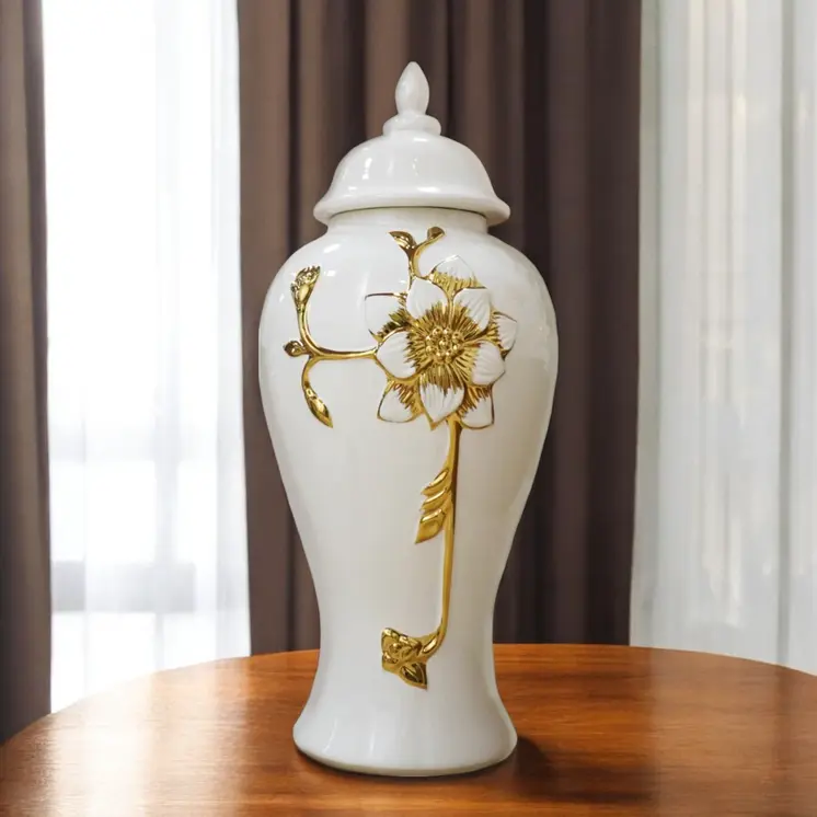 24" White and Gold Floral Urn Ceramic Ginger Jar With Sculptural Details
