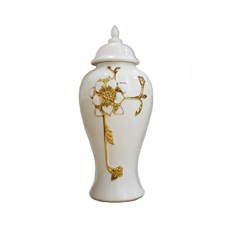 18" White And Gold Floral Urn Ceramic Ginger Jar With Sculptural Details