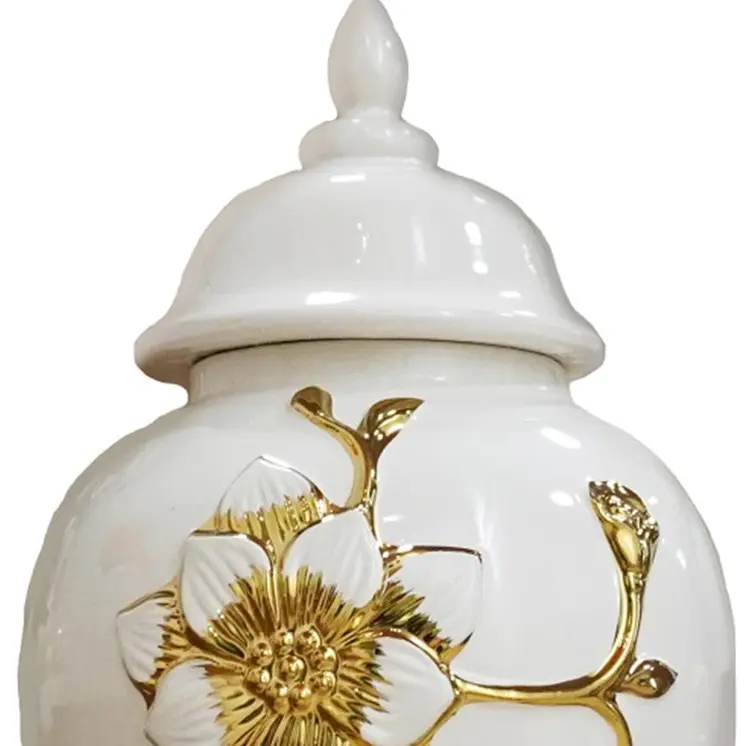 18" White And Gold Floral Urn Ceramic Ginger Jar With Sculptural Details