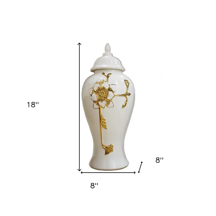 18" White And Gold Floral Urn Ceramic Ginger Jar With Sculptural Details