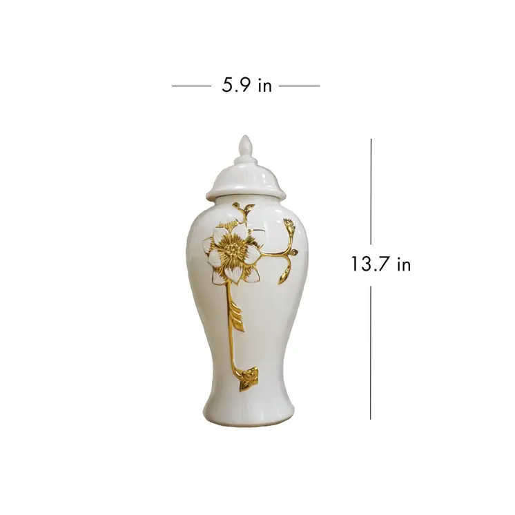14" White and Gold Floral Urn Ceramic Ginger Jar With Sculptural Details