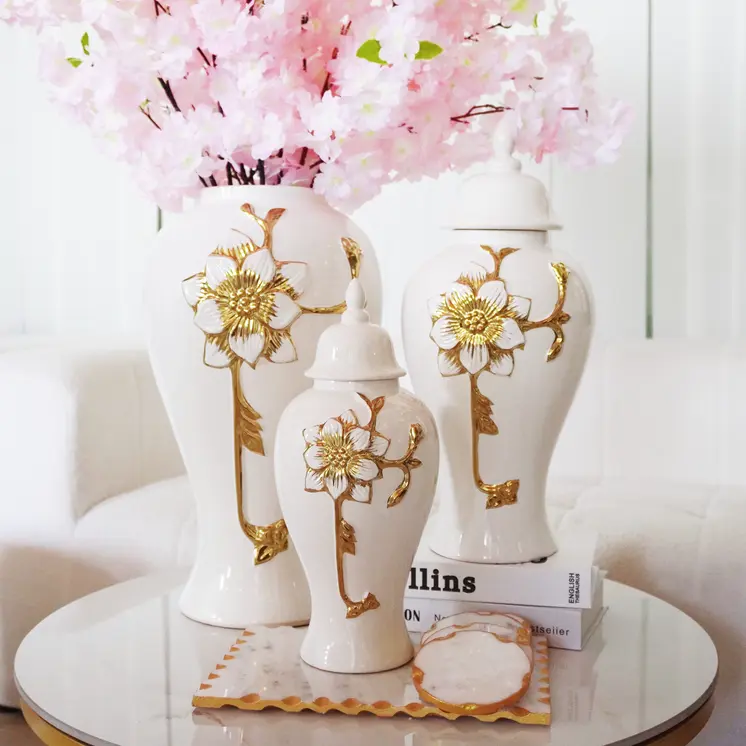 14" White and Gold Floral Urn Ceramic Ginger Jar With Sculptural Details