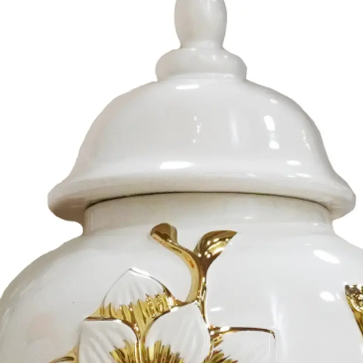 14" White and Gold Floral Urn Ceramic Ginger Jar With Sculptural Details