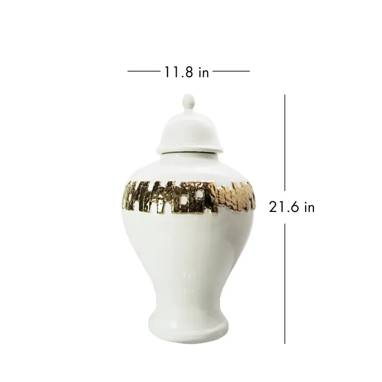 22" White and Gold Abstract Urn Ceramic Ginger Jar